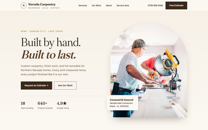 Mockup A homepage: cream background, serif headline, carpenter in an arched photo frame