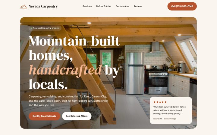 Mockup C homepage: rounded timber-loft photo with serif headline and a review card